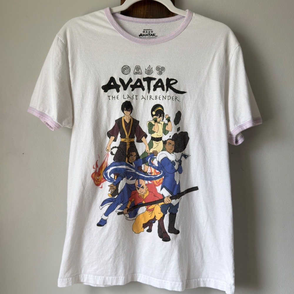 Avatar The Last Airbender Anime Graphic Ringer Tee White Purple Cotton Shirt L